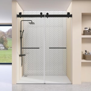 60 in. W x 79 in. H Double Sliding Shower Doors Frameless Bypass Glass Shower Door in Matte Black 3/8 in.Clear Glass