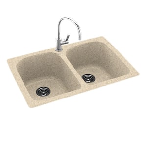 Drop-In/Undermount Solid Surface 33 in. 1-Hole 50/50 Double Bowl Kitchen Sink in Bermuda Sand