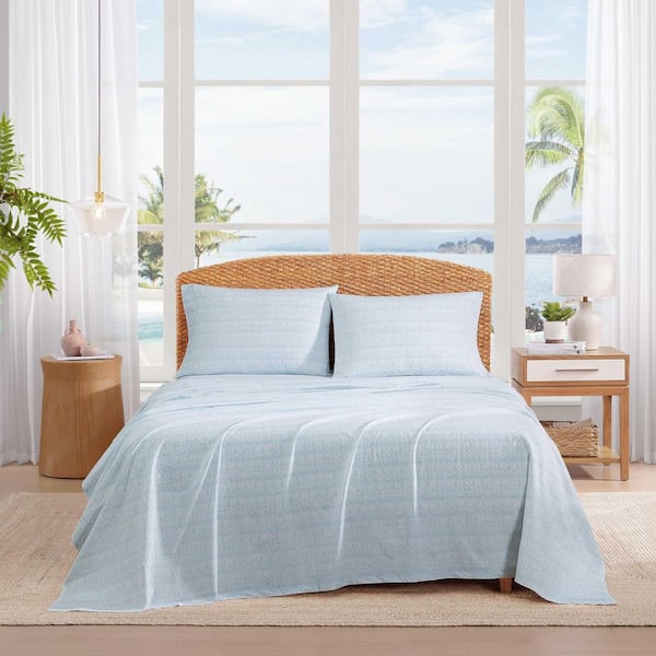Palm Tree Ikat 4-Piece White/Light Blue Percale Cotton Queen Sheet Set