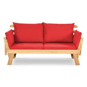 Natural Wood Adjustable Convertible Sofa Outdoor Couch with Red Cushions