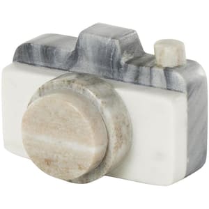 White Marble Digital Camera Abstract Sculpture with Beige and Gray Accents