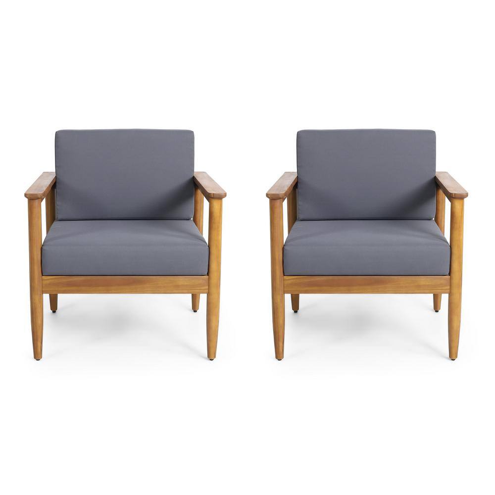 Teak Brown Acacia Wood Outdoor Lounge Chair with Dark Grey Cushions