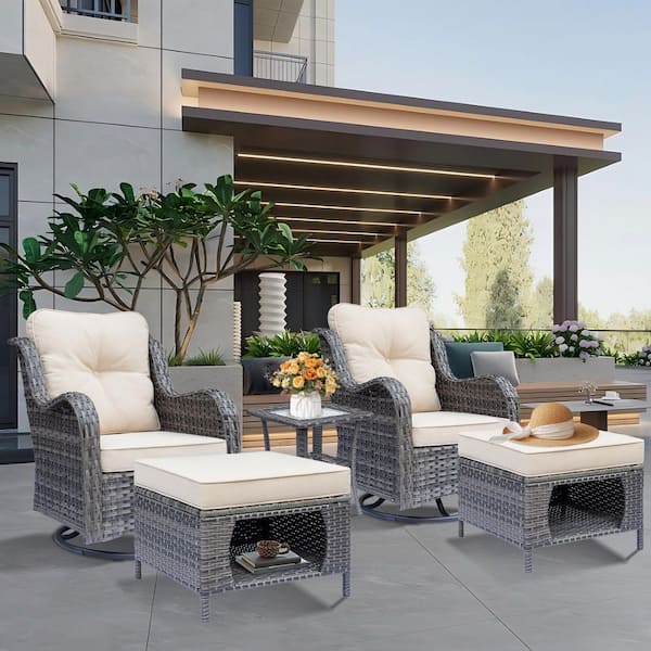 Gray 5-Piece Wicker Patio Conversation Set Swivel Rocking Chairs with Ottomans Side Table Light Beige Cushions