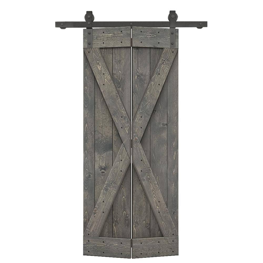 32 in. x 84 in. X Pre Assembled Weather Gray Wood Solid Core Bi-fold Barn Door with Sliding Hardware Kit price history on PriceWatchPro