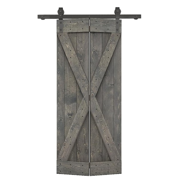 CALHOME 36 in. x 84 in. X Pre Assembled Weather Gray Wood Solid Core Bi-fold Barn Door with Sliding Hardware Kit