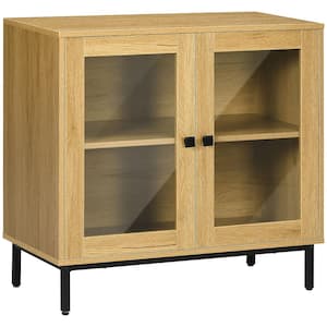 Oak Kitchen Cabinet, Floor Storage Cabinet with Double Glass Doors, Metal Legs