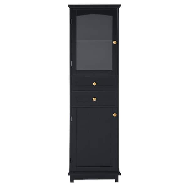 14.21 in. W x 17.76 in. D x 62.99 in. H Black MDF Freestanding Linen Cabinet with Adjustable Shelf