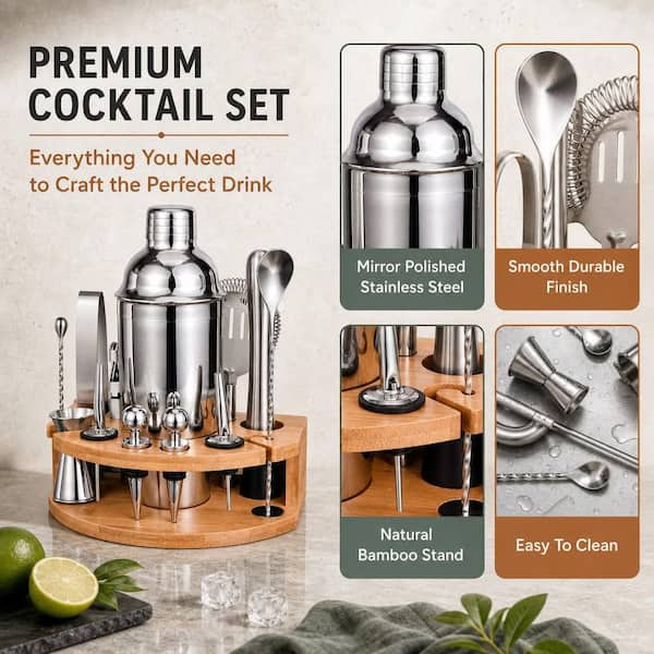 Numhew 12-Piece 25 oz. Silver Cocktail Shaker Set, Stainless Steel Bar Tool Set, Bartender Kit with Stylish Bamboo Stand A0I8W4X0