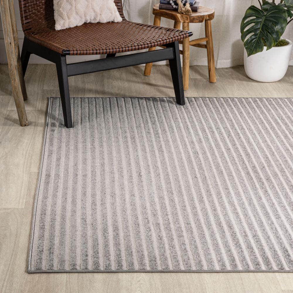 Gray and Ivory Striped Synthetic Reversible Area Rug