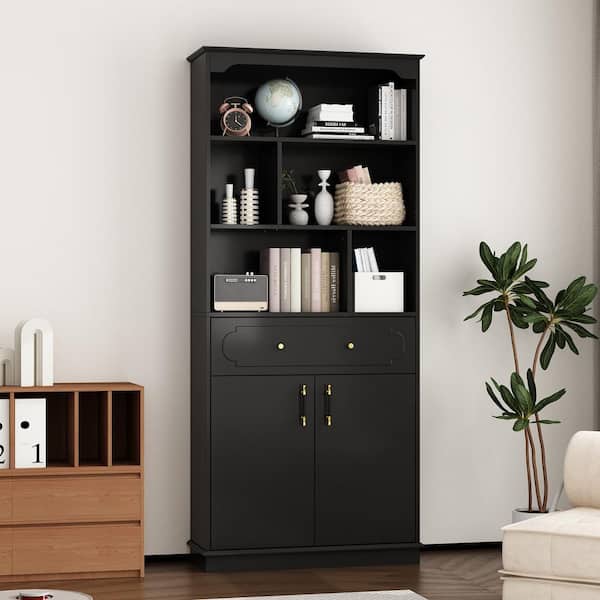 FUFU&GAGA 71 in. Tall Standard Bookcase with Drawers and Doors, Black Wood Material 3-Tier Bookcase, Storage Organizer Cabinet
