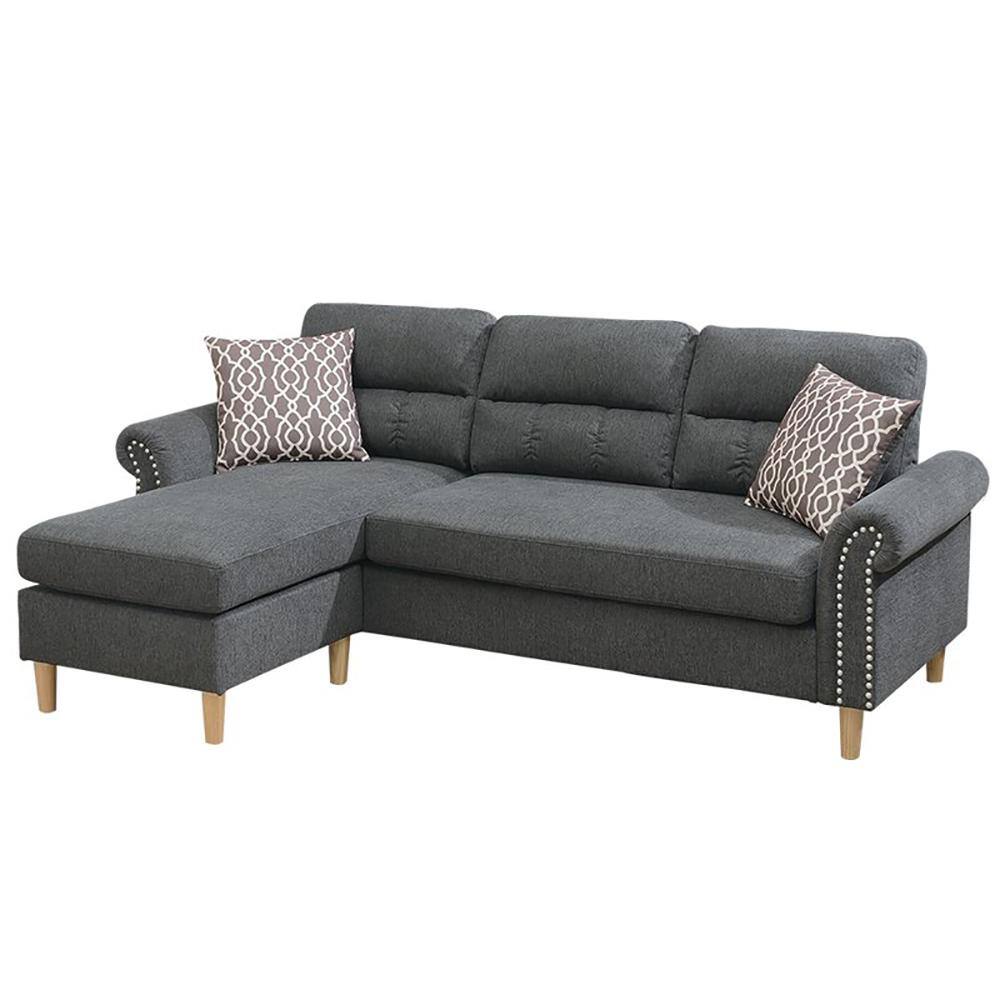 87 in. W Rolled Arm Linen Like Fabric Modern L-Shaped Gray Mix Sectional 2-People Sofa Set in Gray, Grey Mix