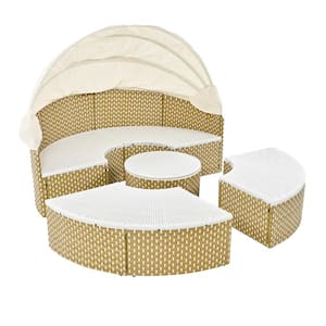Wicker Outdoor Day Bed, Twin Day Bed with Beige Cushions Retractable Canopy