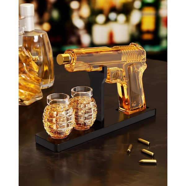 Lead-Free Glass Beverage Serveware Whiskey Decanter Set with 2 Glasses and Wooden Stand 300 mL Decanter 70 mL Glasses