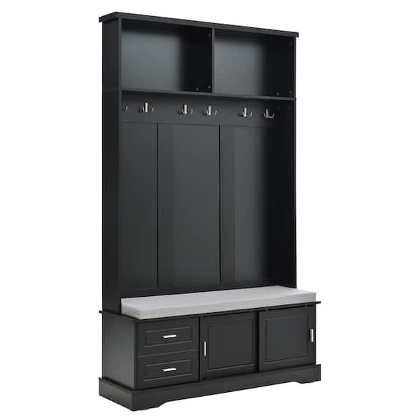 Elegant Hall Tree with Sliding Doors, 6 Silvery Hooks and Handles, Shoe Storage and 44.4 in. W Cushion, Black