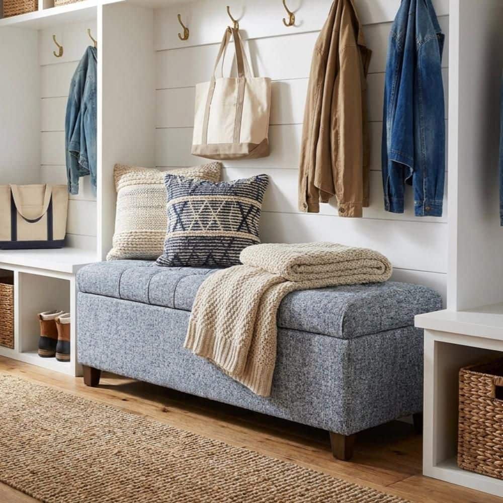 Blue Gray Woven Fabric Button Tufted 40 in Bedroom Bench Backless with Cone Wood Legs and Storage