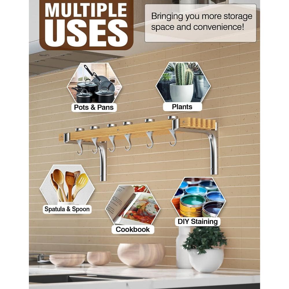 36-Inch Natural Wood Wall-Mounted Pot Rack with Aluminum Hooks