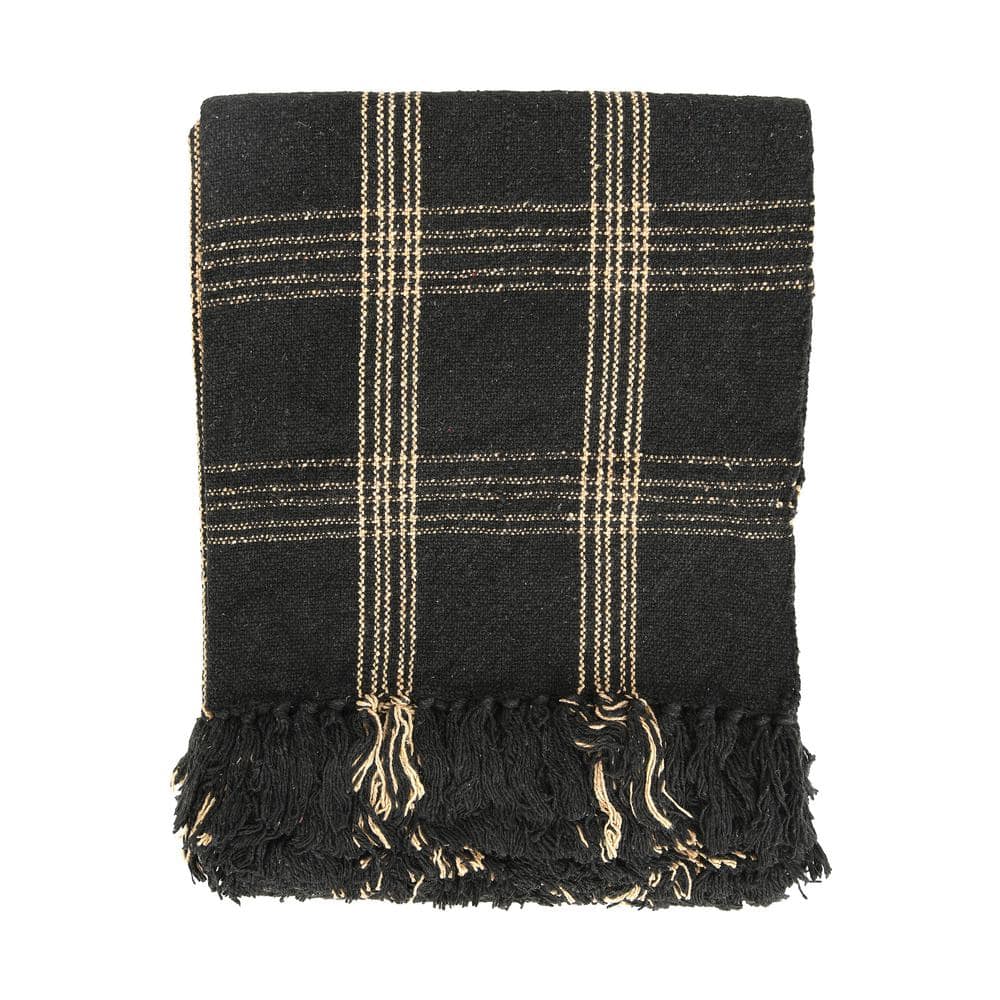 Storied Home Plaid Black And Tan Fringed Woven Cotton Blend Throw