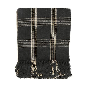 Plaid Black and Tan Fringed Woven Cotton Blend Throw