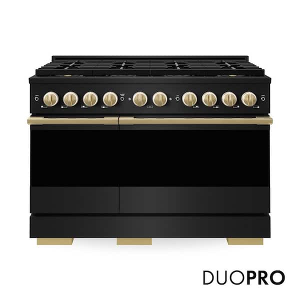 Autograph 48 in. 6.7 cu. ft. Marino Gas Range with 8 Burner DuoPro Cooktop and Dual Ovens in Black Stainless and Gold