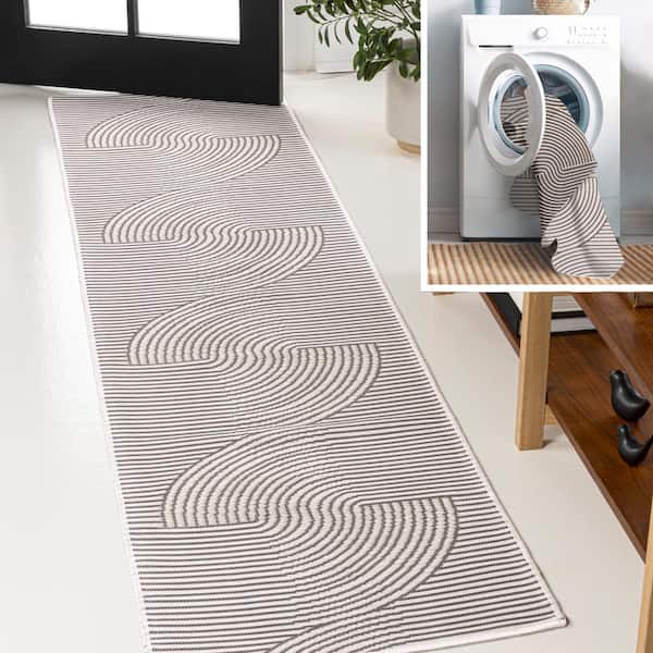 JONATHAN Y Arielle Mid-Century Curve Stripe Reversible Machine Washable Dark Gray/Cream 2 ft. x 8 ft. Indoor/Outdoor Runner Rug