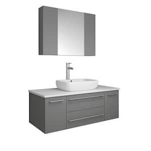 Lucera 42 in. W Wall Hung Vanity in Gray with Quartz Stone Vanity Top in White with White Basin and Medicine Cabinet