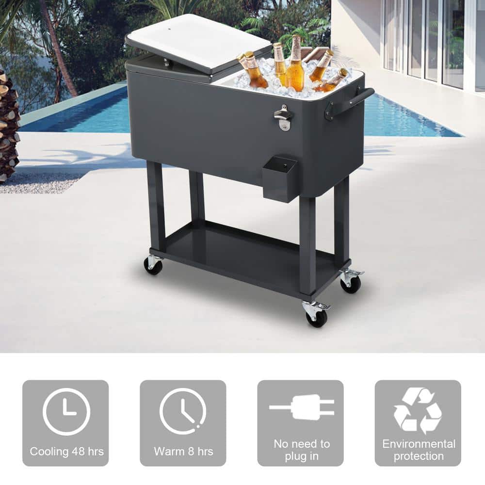 80QT Dark Grey Metal Rolling Chest Cooler with Detached Lid