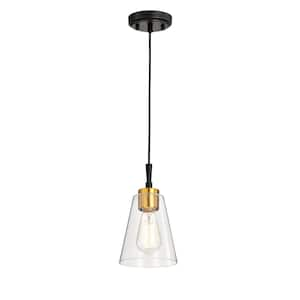 Briarwood 1-Light Black and Antique Brass Hanging Pendant Light with Clear Cone Glass Shade