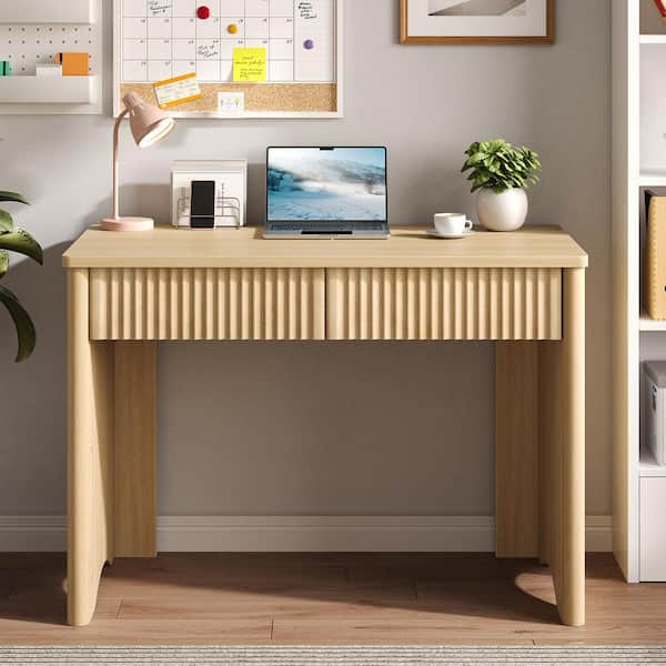 39.37 in. Natural Fluted Writing Desk with 2-Storage Drawers, Modern Small Computer Desk for Home Office Bedroom