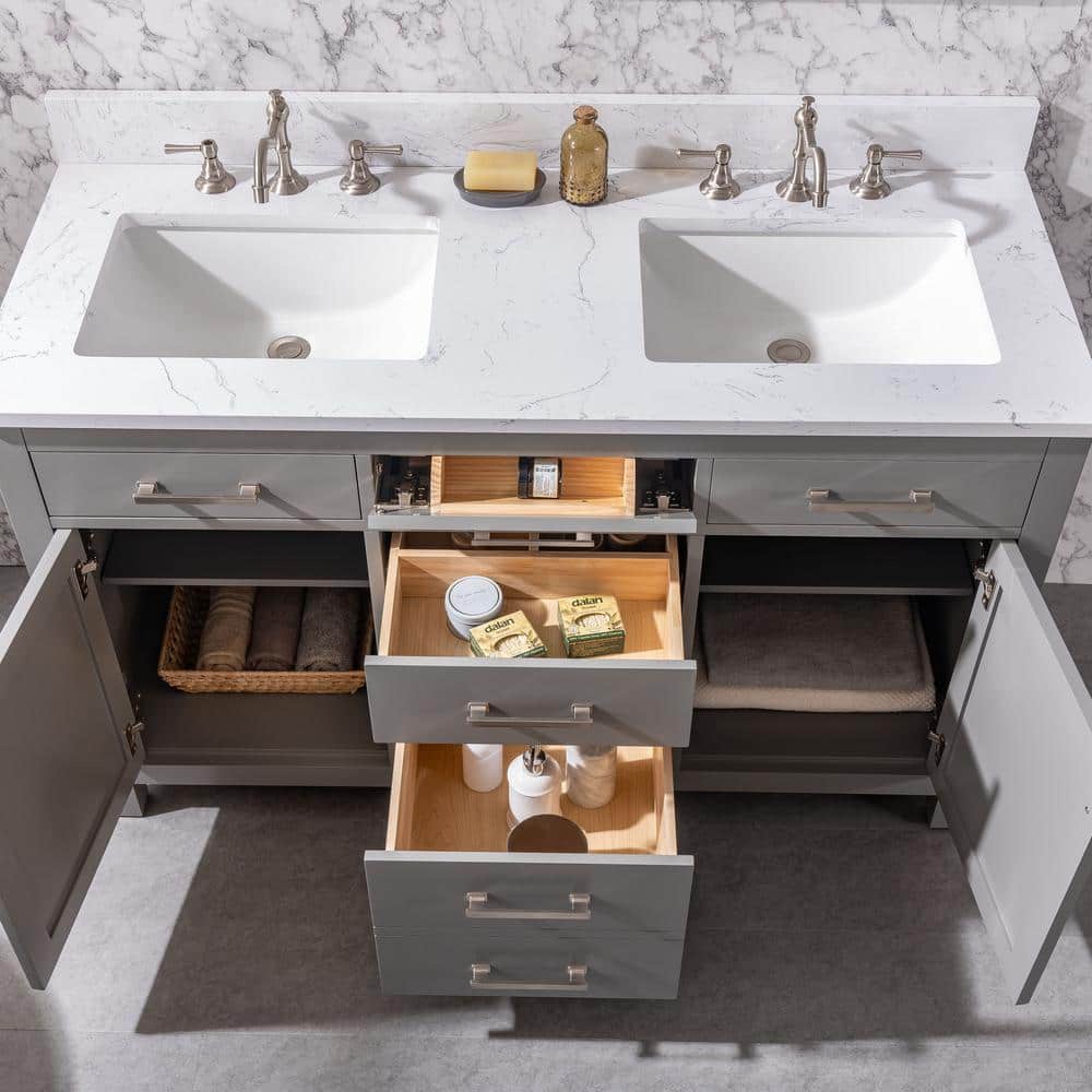 Gray and White 54'' Double Freestanding Bathroom Vanity with Engineered Stone Top