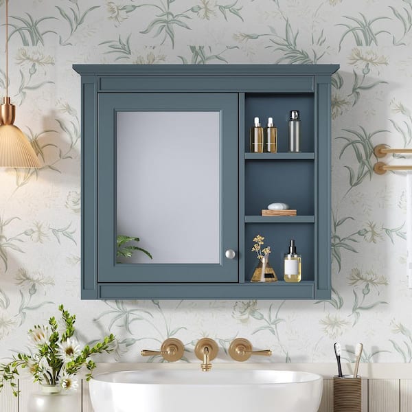 30 in. W x 28 in. H Rectangular Light Blue Wall-Mount Medicine Cabinet with Mirror and 3 Open Shelves, Storage Cabinet