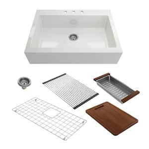 Nuova White Fireclay 34 in. Single Bowl Drop-In Apron Front Kitchen Sink withProtective Grid, Strainer, & Cutting Board