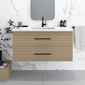 Napa 48" W x 22" D x 21-3/8" H Single Sink Bathroom Vanity Wall Mounted in Sand Pine with White Quartz Countertop