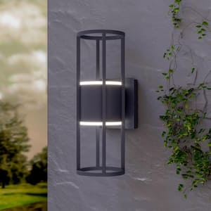 Decorators 14.96 in. Black Modern Integrated LED Waterproof Cylinder Hardwired Outdoor Sconce with No Bulb Included