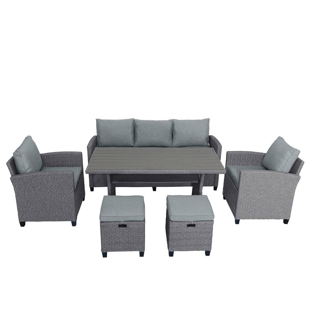6-Piece Gray Rattan Wicker Outdoor Patio Conversation Sectional Sofa with G