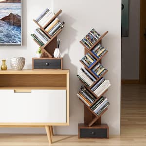 5-Tier Tree Bookshelf with Wooden Drawer Display Storage Organizer Rack Brown
