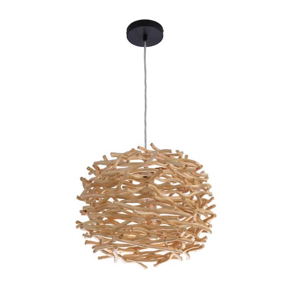 Natural Pendant 60-Watt 1-Light Natural Finish Dining/Kitchen Island Foyer Pendant Light w/ Wood Shade No Bulb Included