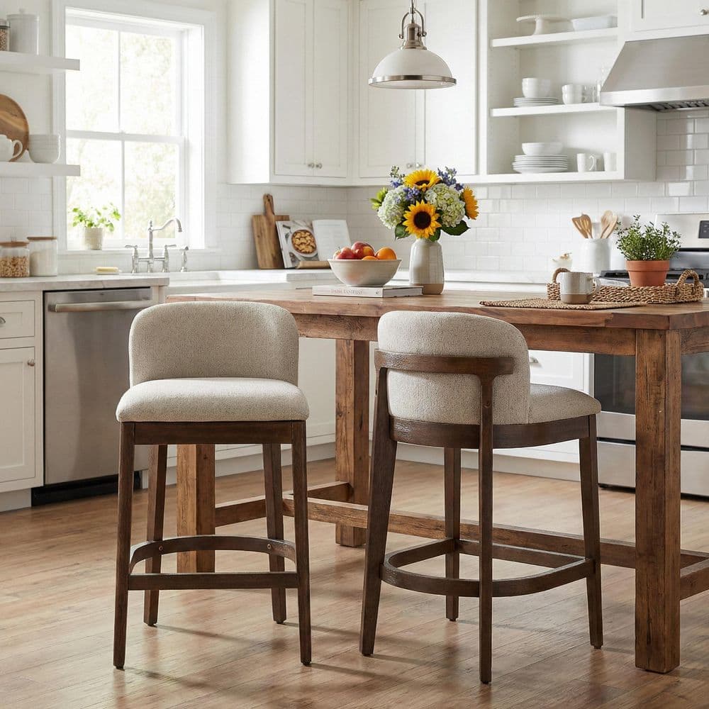 33 in. H Walnut Finish Solid Wood Frame Counter Stools with Beige Upholstery (Set of 2) price history on PriceWatchPro
