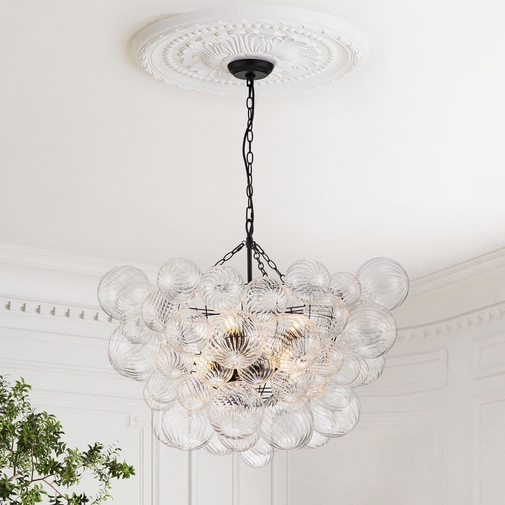 HUOKU Neuvy 8-Light 33 in. W Black Chandelier with Swirled-Glass