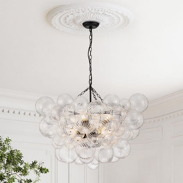 HUOKU Neuvy 8-Light 33 in. W Black Chandelier with Swirled-Glass