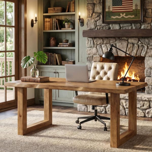 BYBLIGHT 63 in. Rectangle Brown Solid Wood Computer Desk, Farmhouse ...