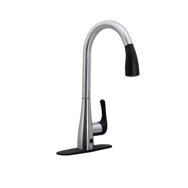 Westbrass Single Handle Touchless Motion Sensor Kitchen Faucet with Pull Down Sprayer Head, Stainless Steel/Matte Black