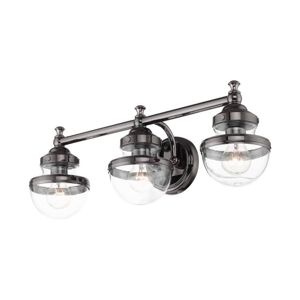 Polished Black Chrome 3-Light Vanity with Hand Blown Clear Glass