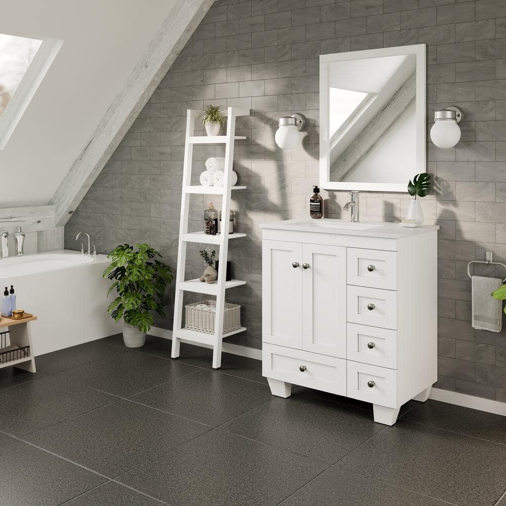 White 28" Solid Wood Bathroom Vanity with Carrara Quartz Top