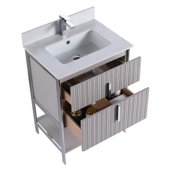 FINE FIXTURES 24 in. W x 18 in. D x 33.5 in. H Bright Taupe Bath Vanity with White Sintered Stone Top with Chrome Hardware