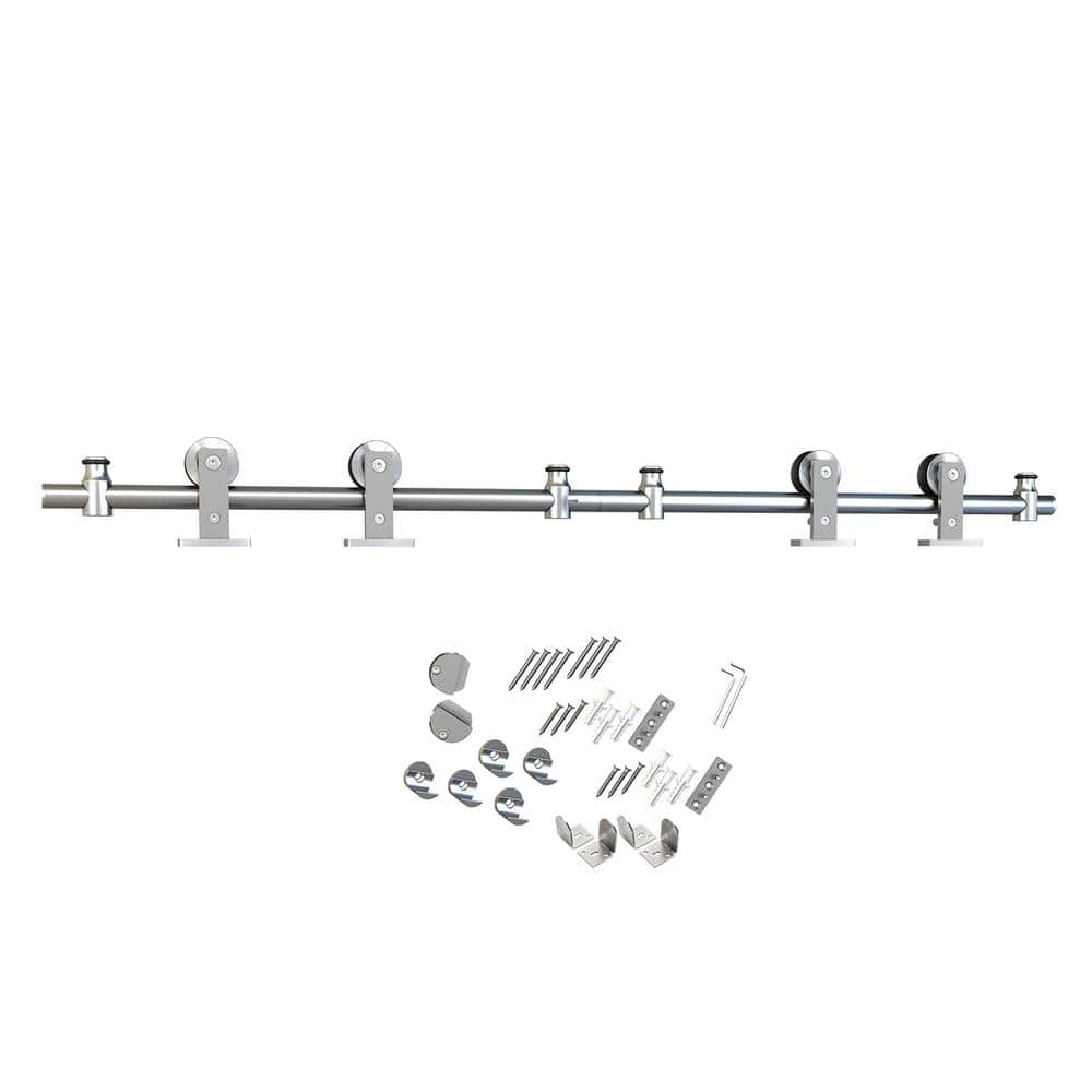 135.75 in. Stainless Steel Rolling Barn Door Hardware Kit for Double Wood Doors w/Non-Routed Floor Guides(2-Piece Rail)