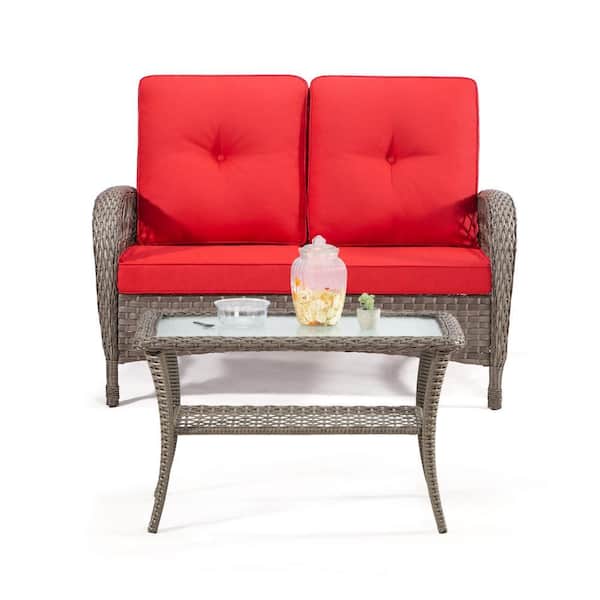 2--Piece Brown Rattan Wicker Outdoor Patio Conversation Sectional Sofa Set with Red Cushions, Coffee Table