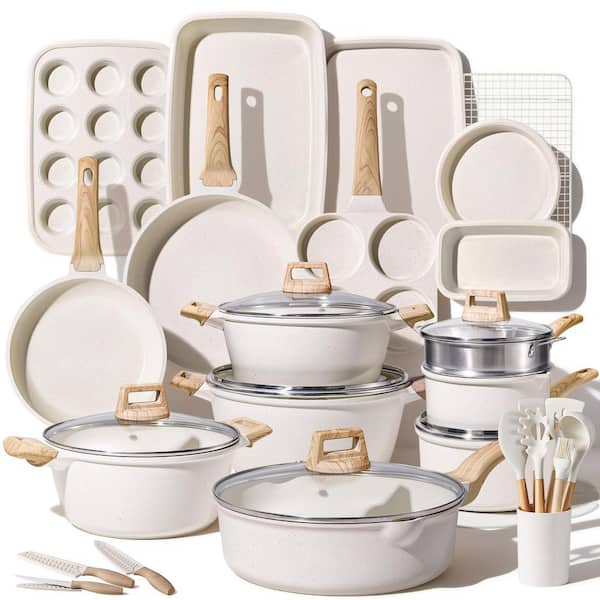 Wudkey 44-Piece Nonstick Aluminum Cookware Set in White, Induction