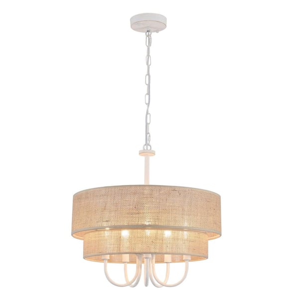 5-Light 2-Tier Distressed White Farmhouse Candle Chandelier with Fabric Shade for Kitchen Island with No Bulbs Included