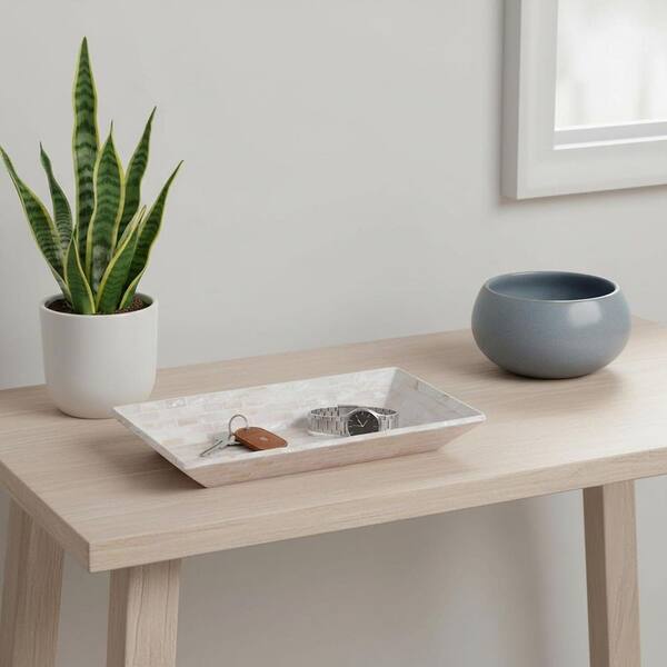 White Rectangle Wood 12 in. Mother of Pearl Decorative Bowl