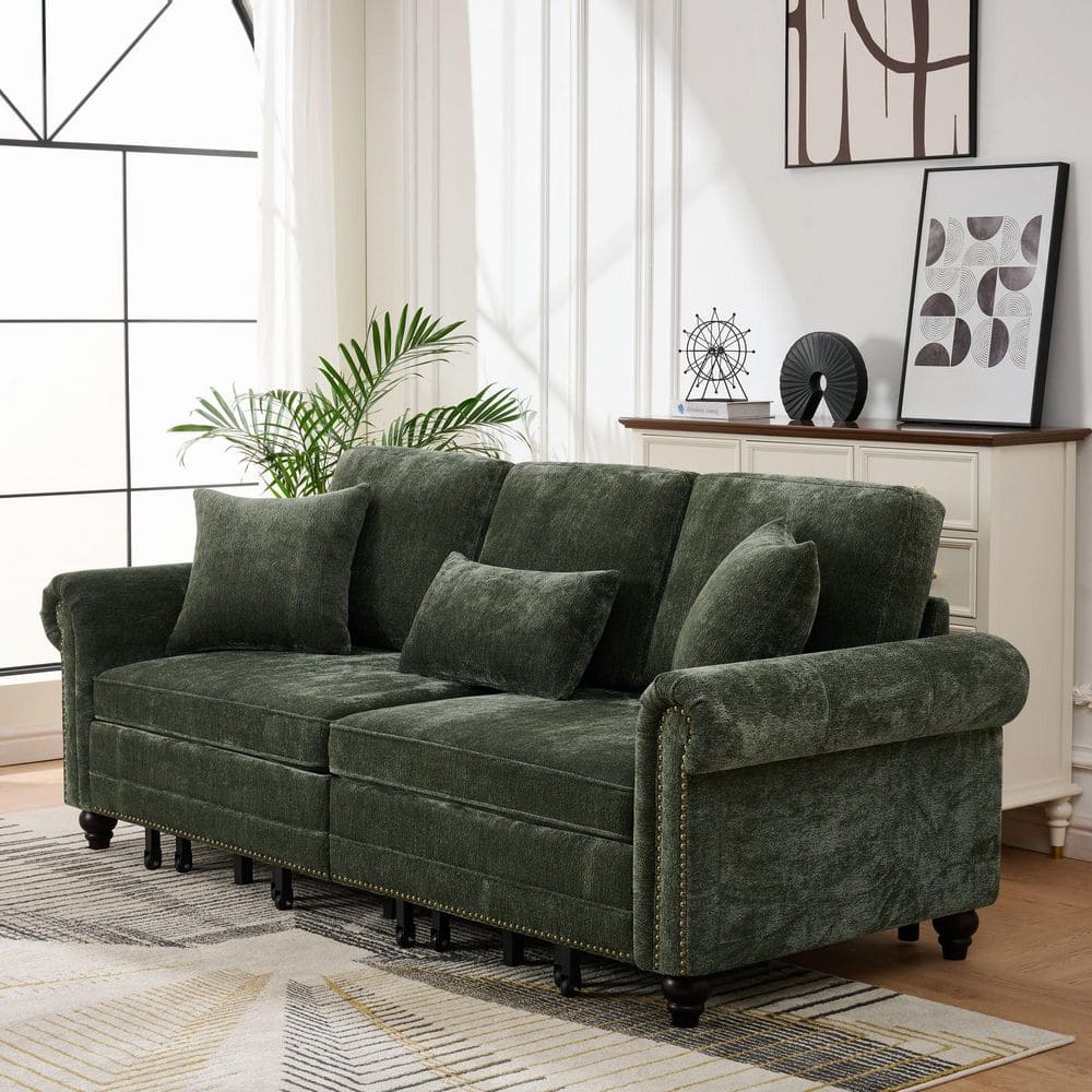 Ruler 86.5 in. Rolled Arm Chenille Upholstered 3 in 1 Convertible Sleeper Sofa in Green with Nailhead Trim price history on PriceWatchPro